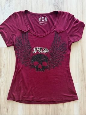 Full Throttle Saloon FTS Skull and Wings Maroon T-Shirt - Size Small